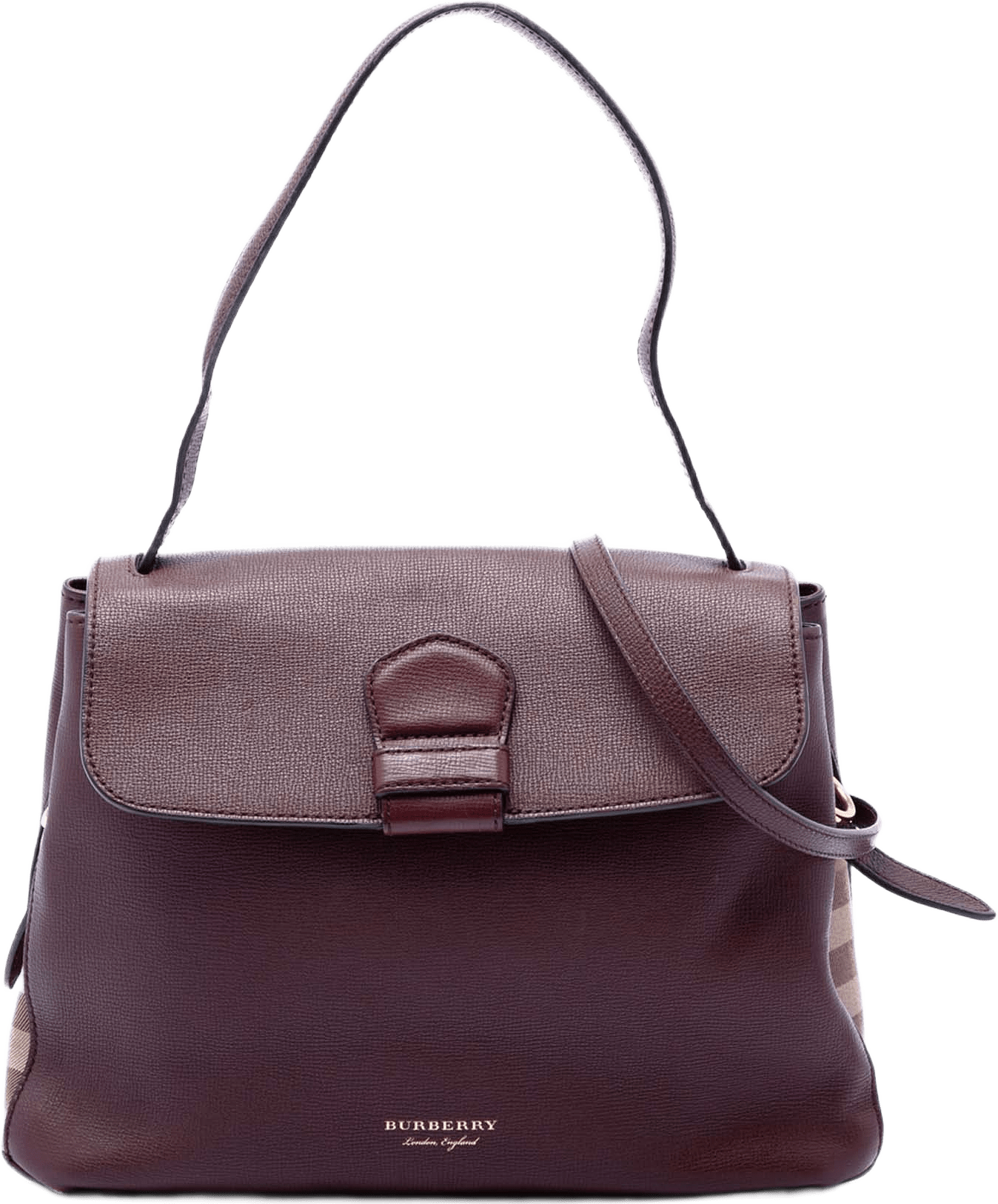 Burberry Medium House Check Trimmed Leather Camberley Satchel, från Luxclusif, i färgen röd.