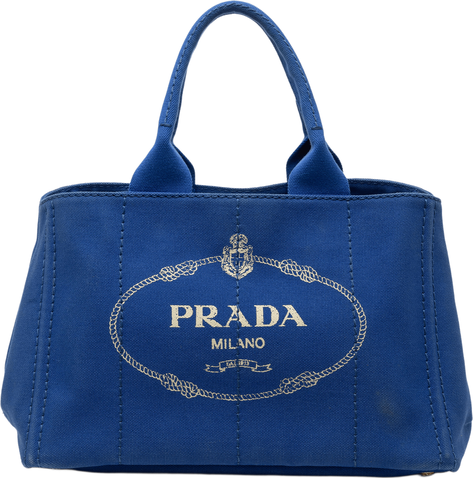 Prada Canvas Canapa Logo Satchel, från Luxclusif, i färgen blå.