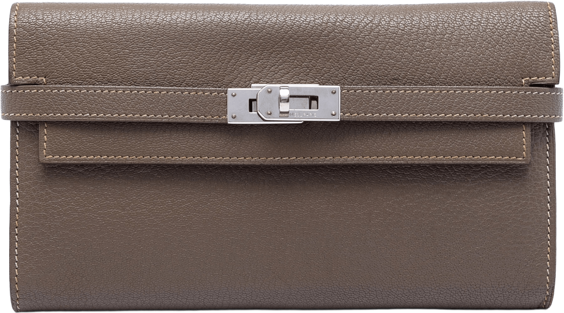 Hermès Chevre Mysore Kelly Longue Wallet, från Luxclusif, i färgen taupe.