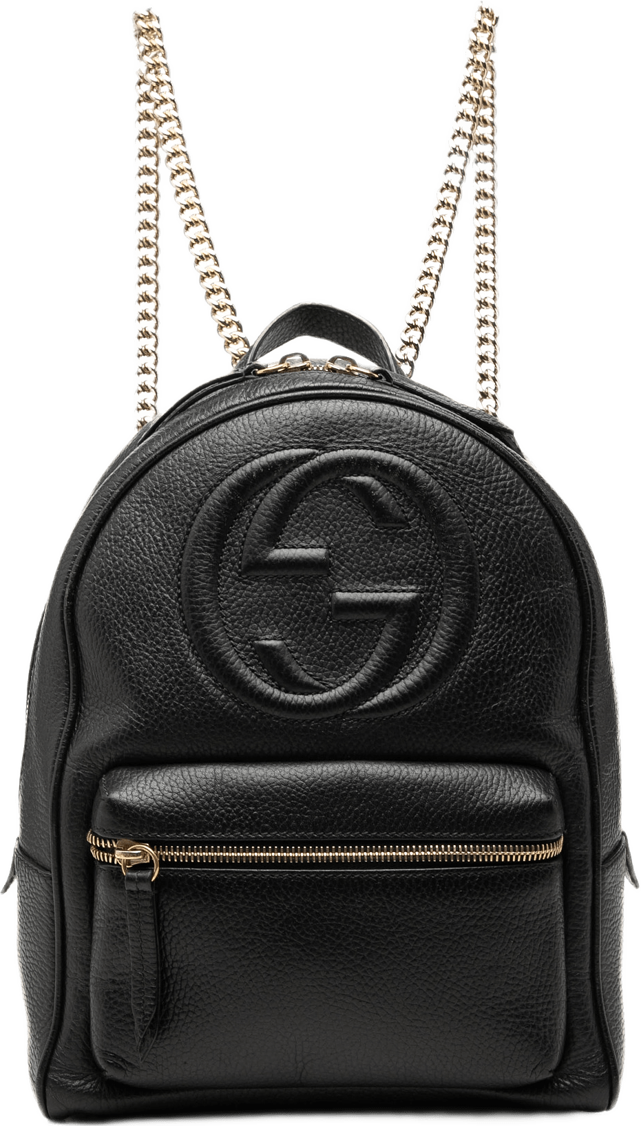 Gucci Pebbled Calfskin Soho Chain Backpack, från Luxclusif, i färgen svart.