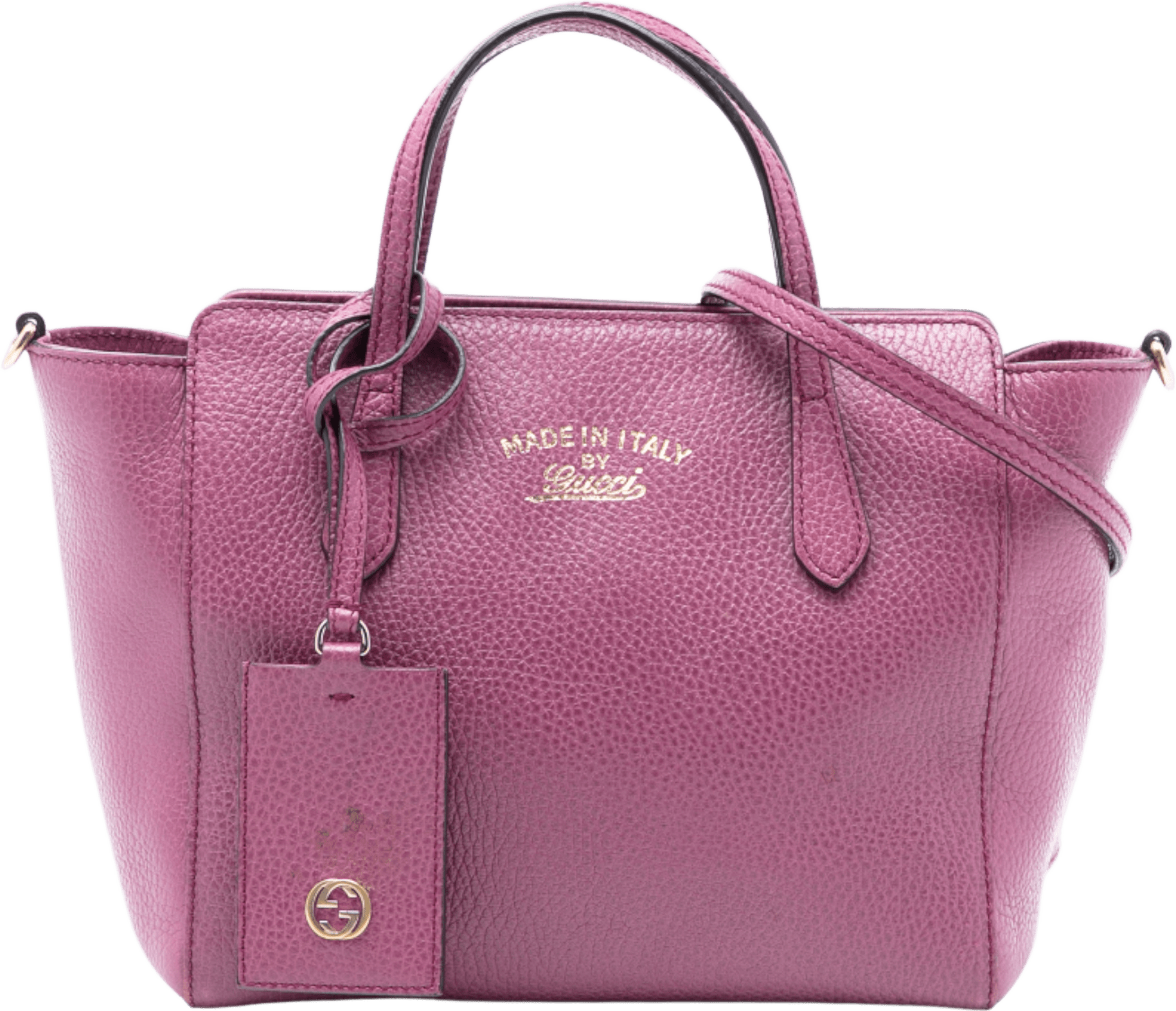 Gucci Mini Leather Swing Satchel, från Luxclusif, i färgen magenta.