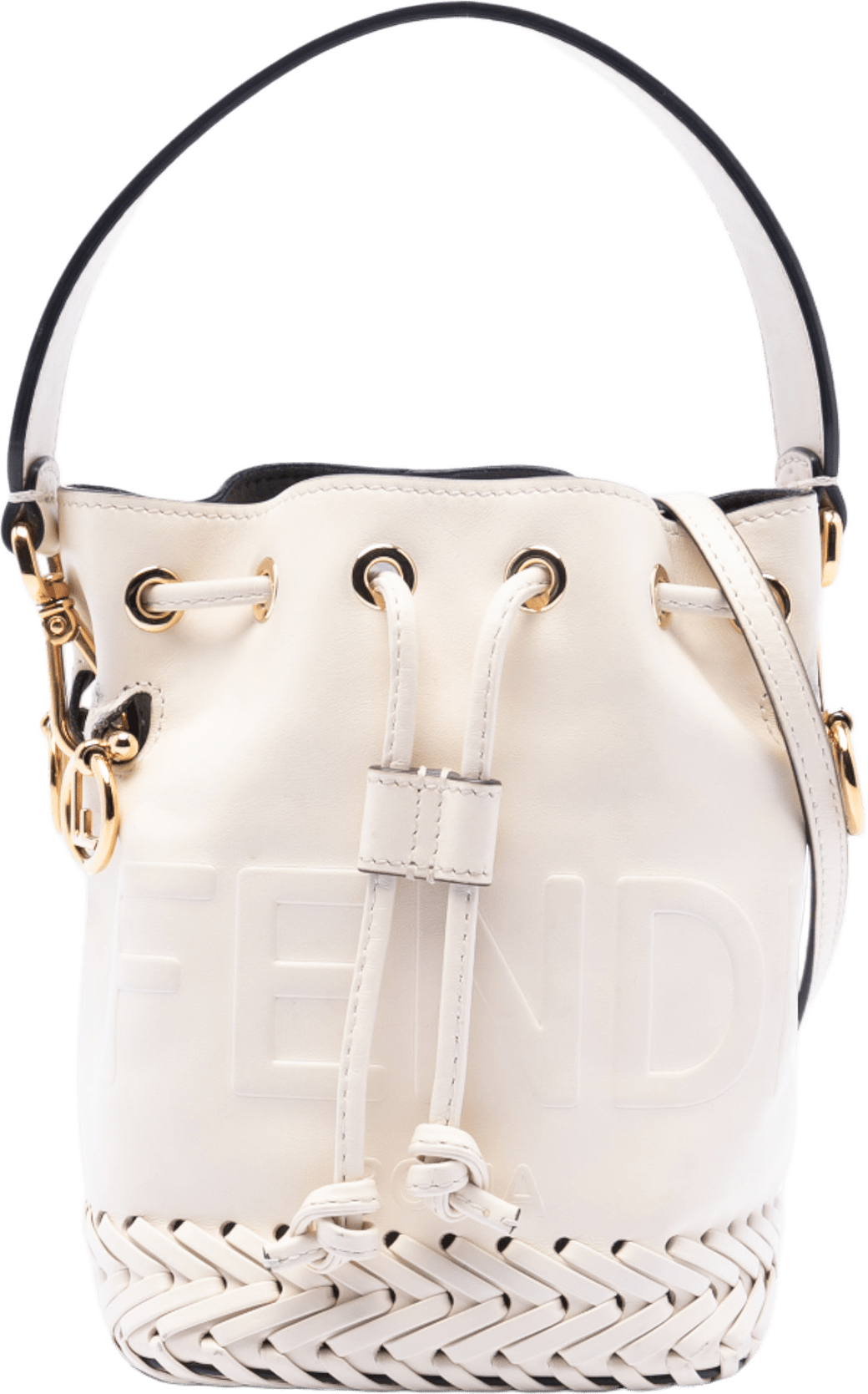 Fendi Mini Embossed Leather Whipstitch Mon Tresor Bucket Bag, från Luxclusif, i färgen off white.