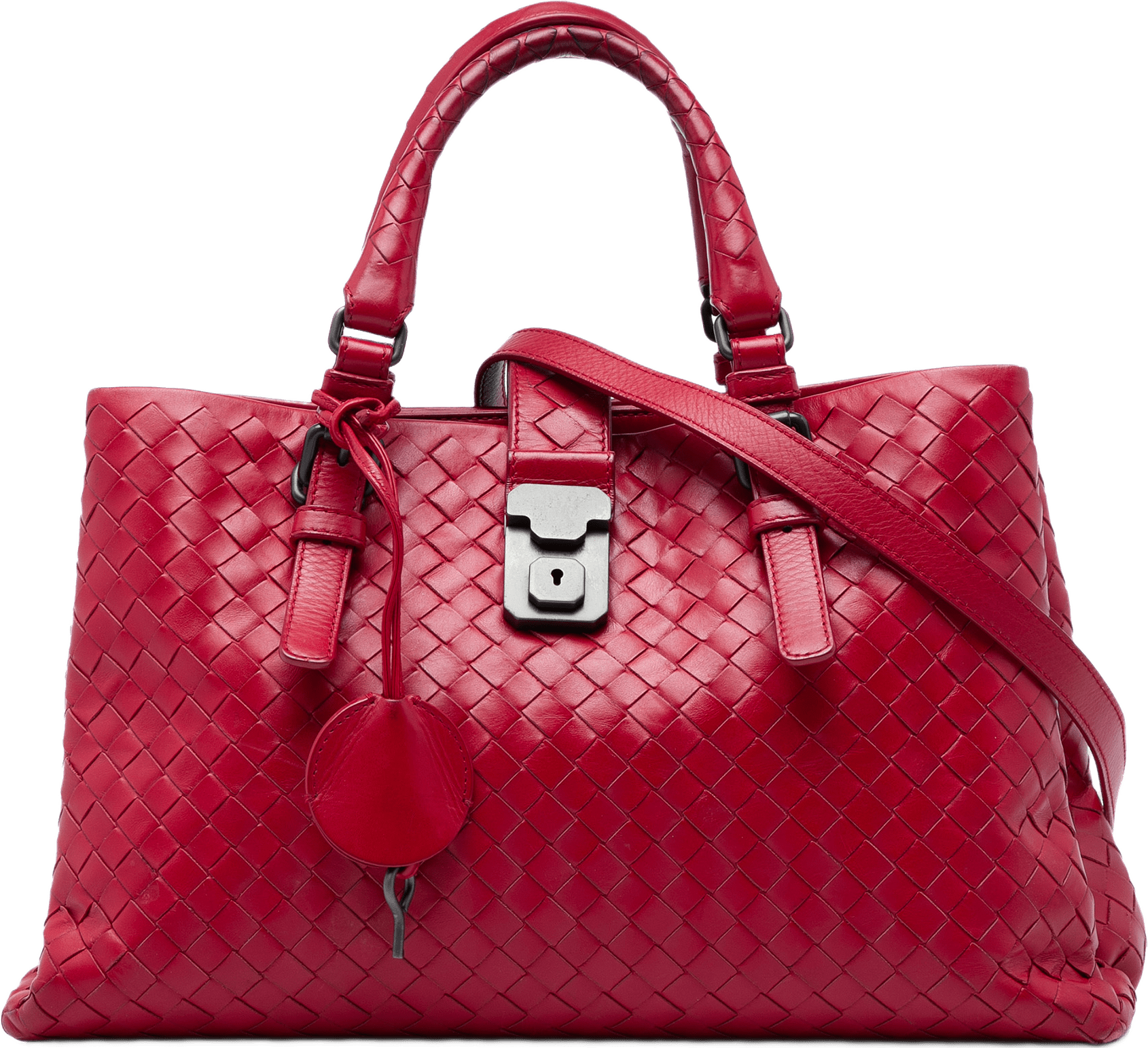 Bottega Veneta Small Nappa Intrecciato Roma Satchel, från Luxclusif, i färgen röd.