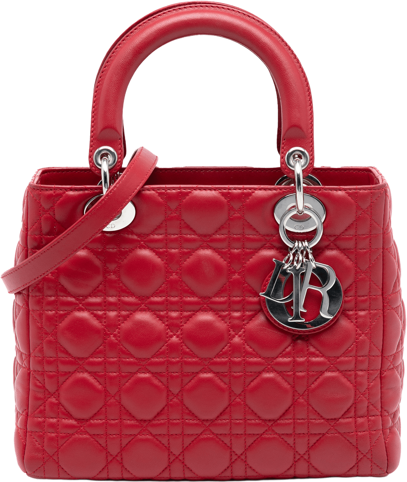 Dior Medium Lambskin Cannage Lady Dior, från Luxclusif, i färgen red.