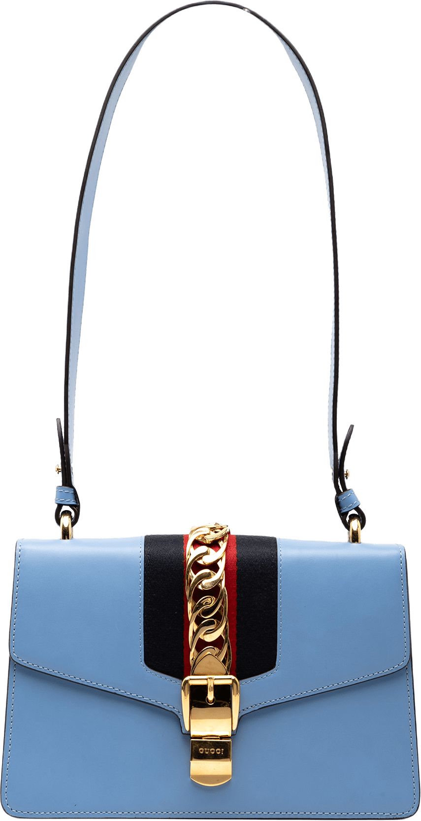 Gucci Small Leather Sylvie Web Satchel, från Luxclusif, i färgen light blue.