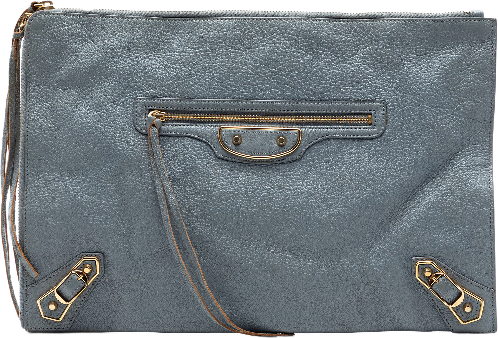 Balenciaga Goatskin Motocross Classic Metallic Edge Clutch, från Luxclusif, i färgen gray.