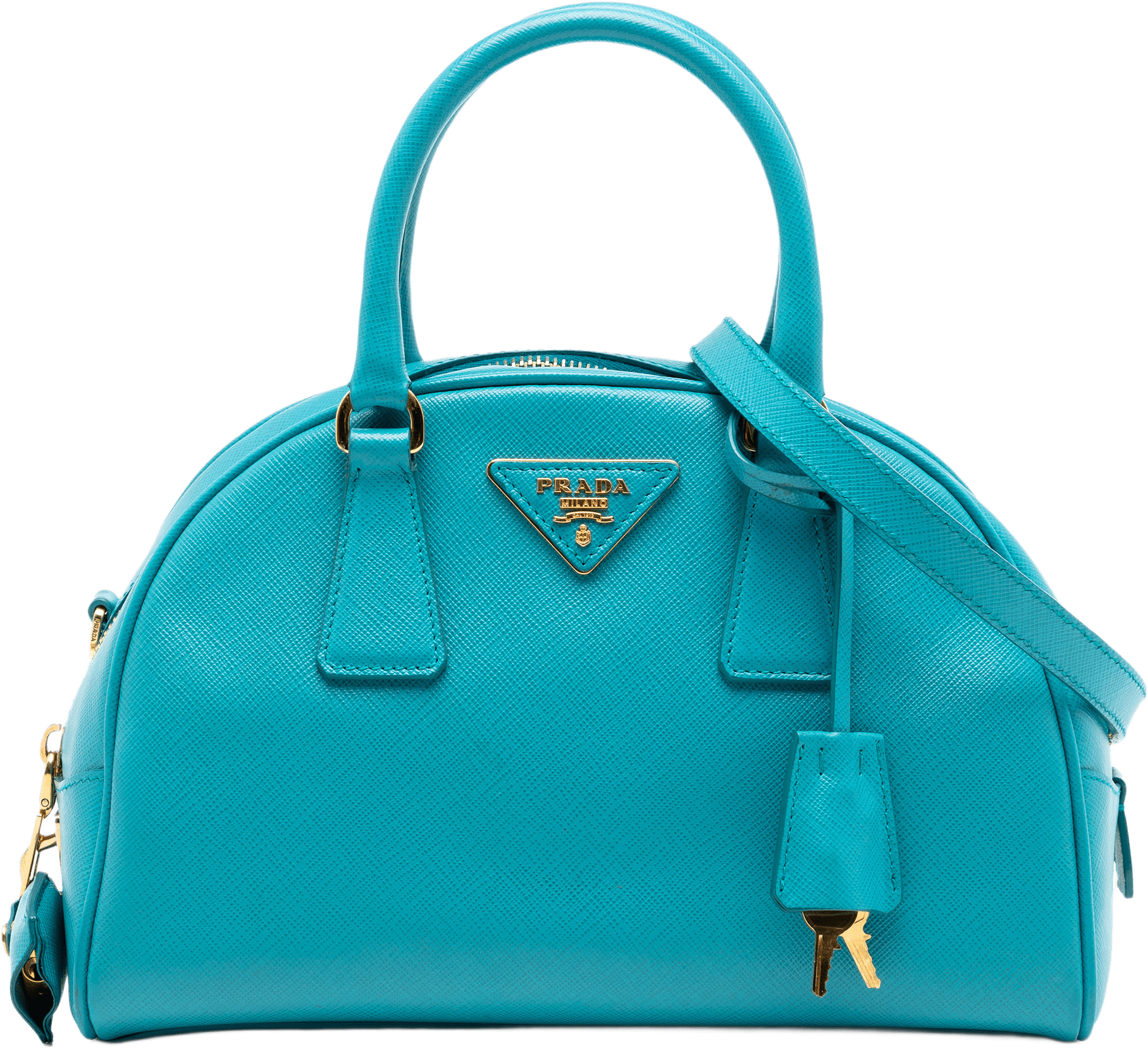 Prada Saffiano Lux Bowling Bag, från Luxclusif, i färgen aqua.