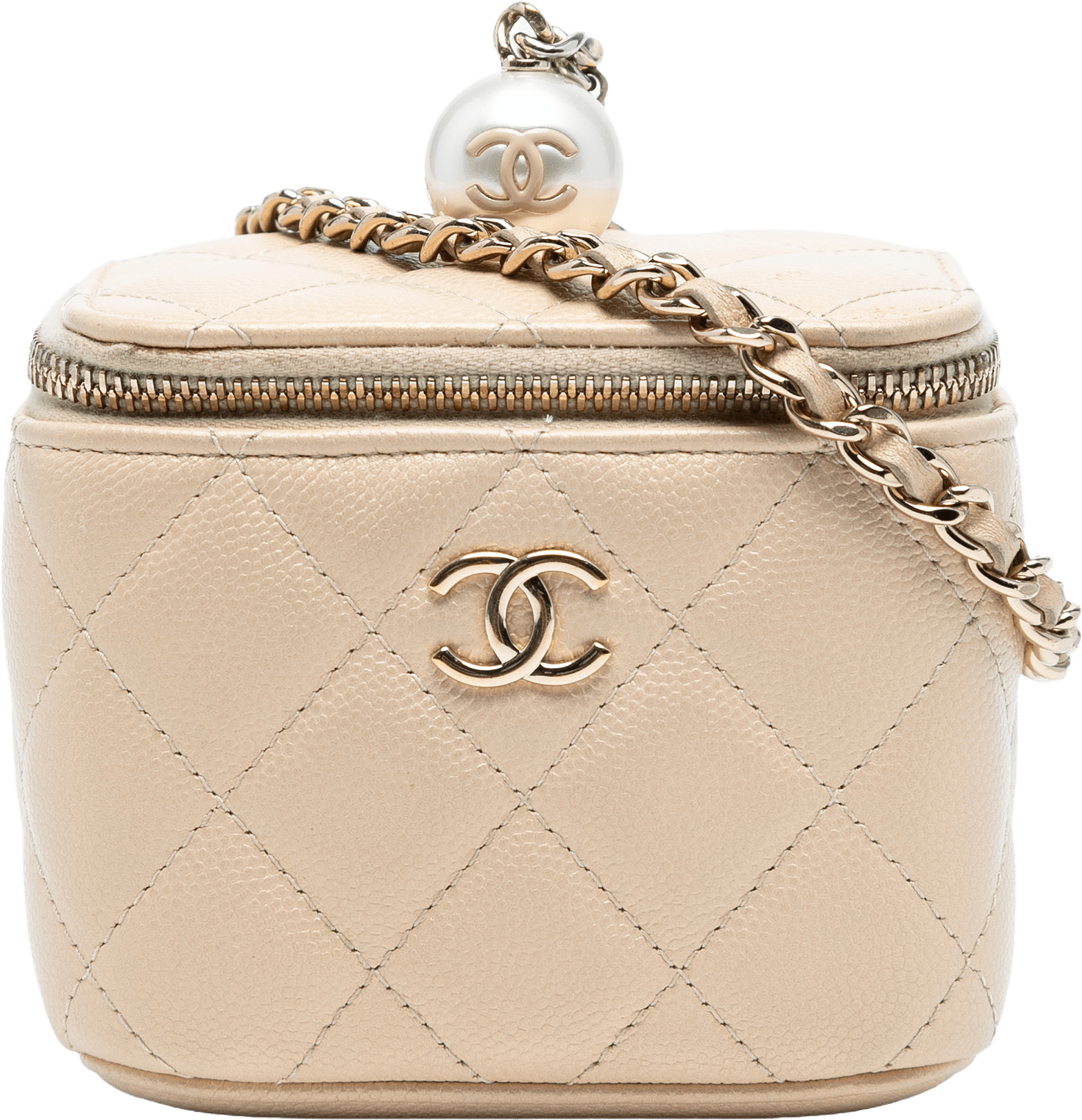 Chanel Mini Quilted Iridescent Caviar Pearl On Top Vanity Case With Chain, från Luxclusif, i färgen beige.