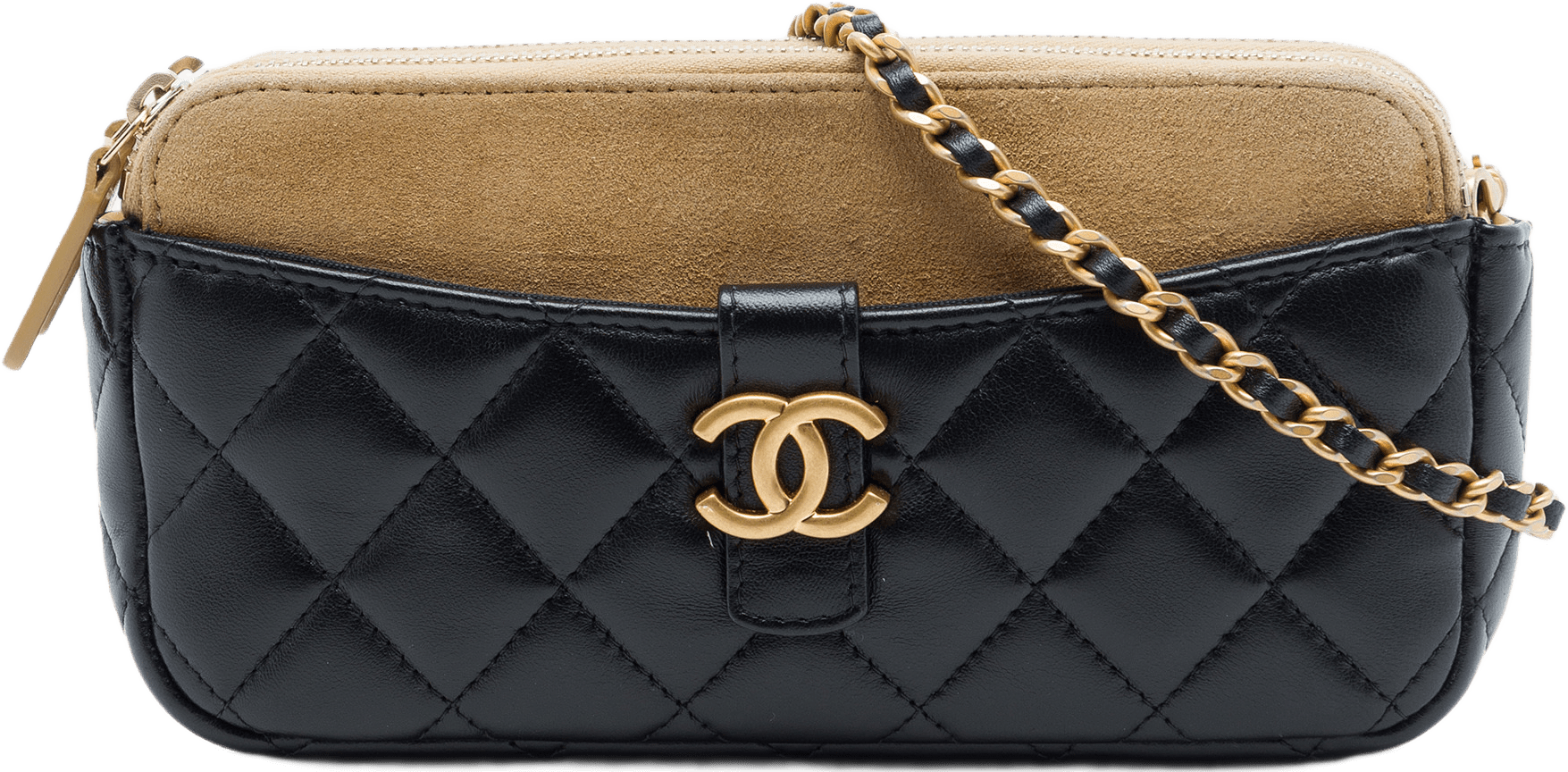 Chanel Cc Quilted Lambskin And Suede Double Zip Phone Holder With Chain, från Luxclusif, i färgen brun.