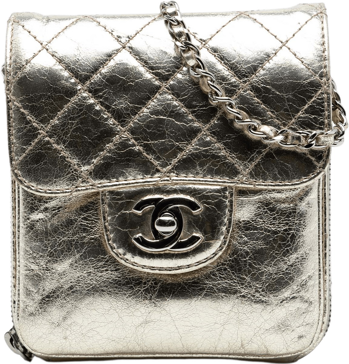 Chanel Quilted Metallic Aged Calfskin Clams Wallet On Chain, från Luxclusif, i färgen light gold.