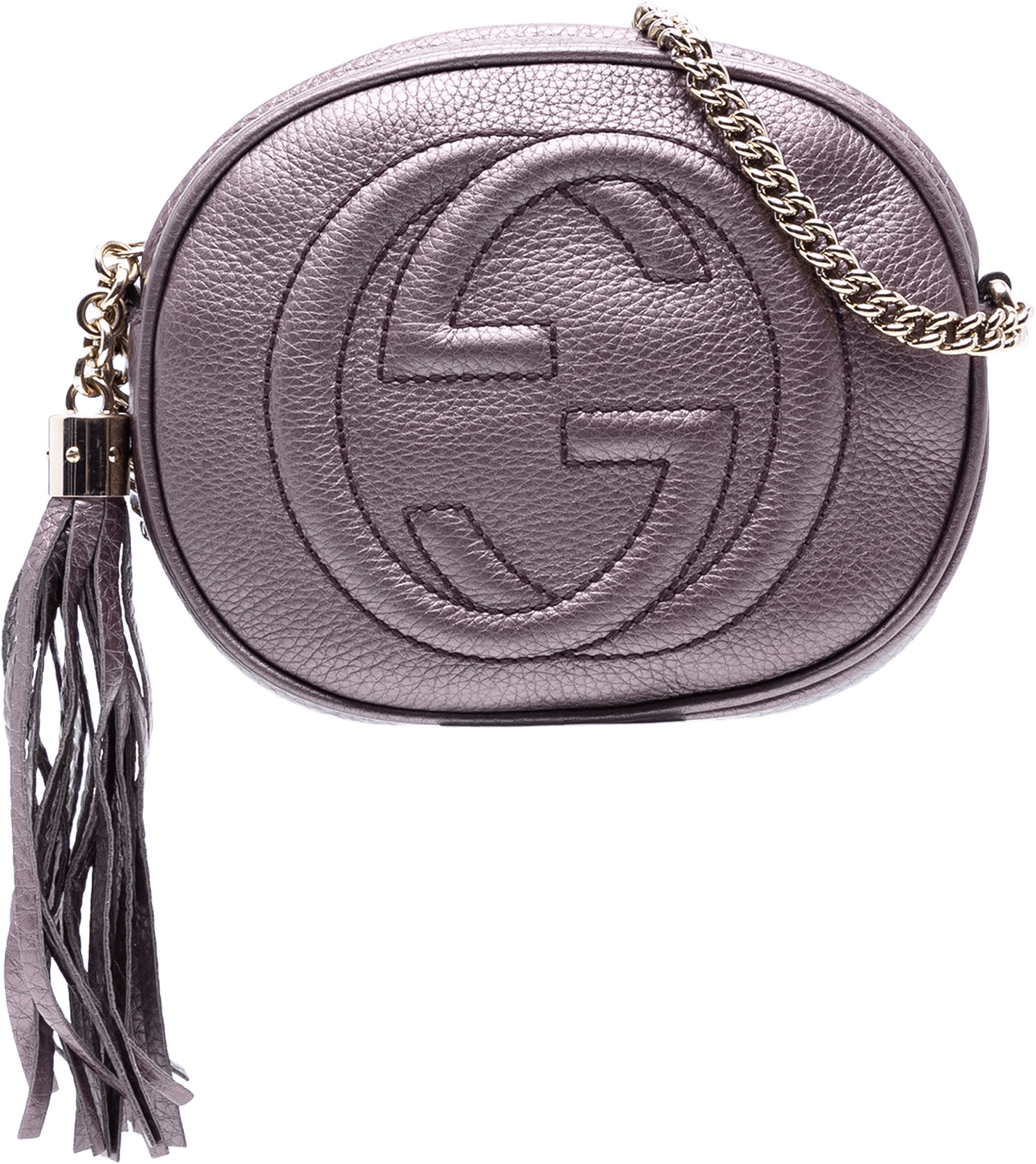 Gucci Mini Metallic Pebbled Calfskin Soho Chain Crossbody, från Luxclusif, i färgen light purple.