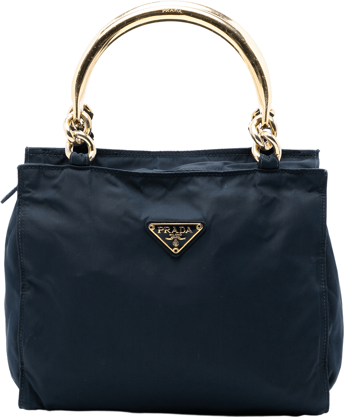 Prada Tessuto Metal Handle Bag, från Luxclusif, i färgen navy.