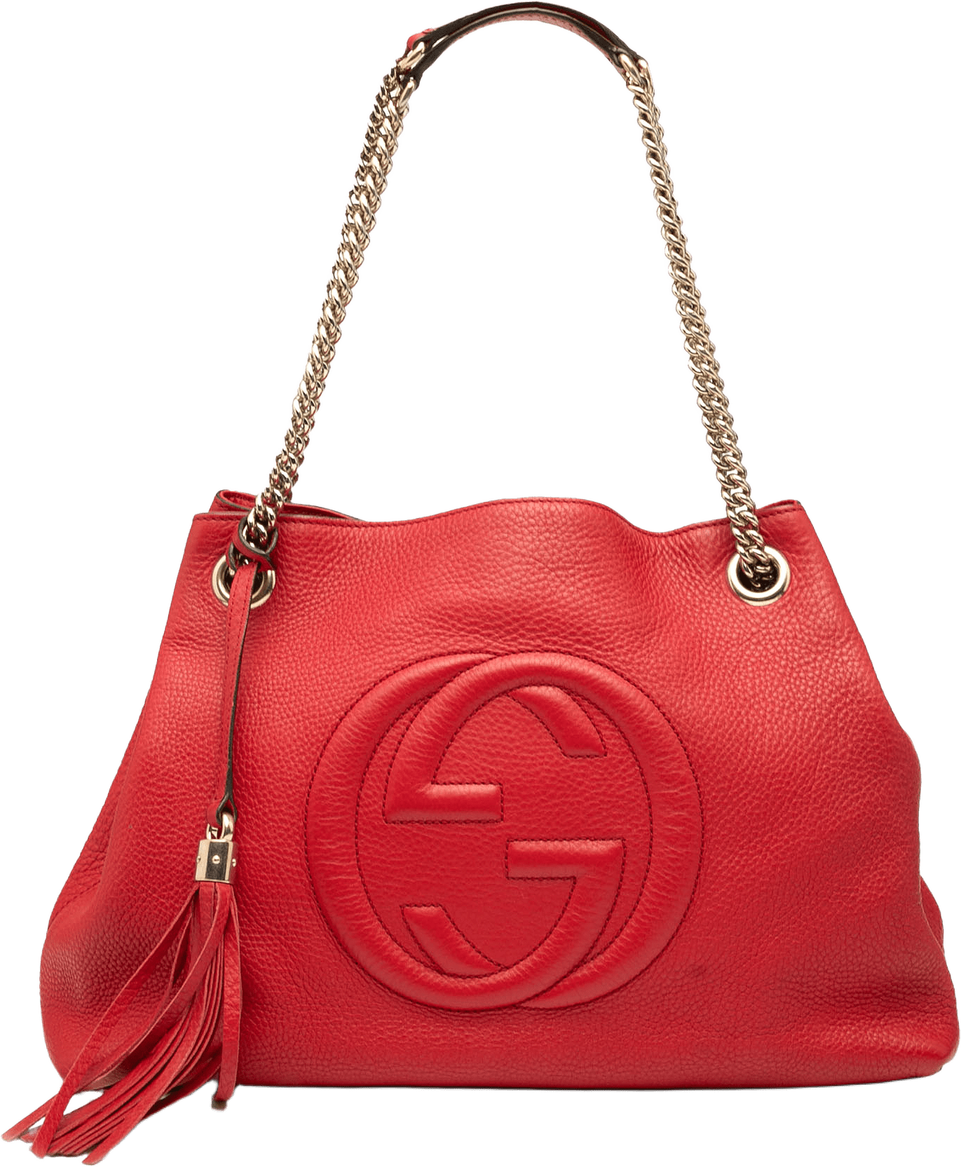 Gucci Medium Leather Soho Chain Tote, från Luxclusif, i färgen red.