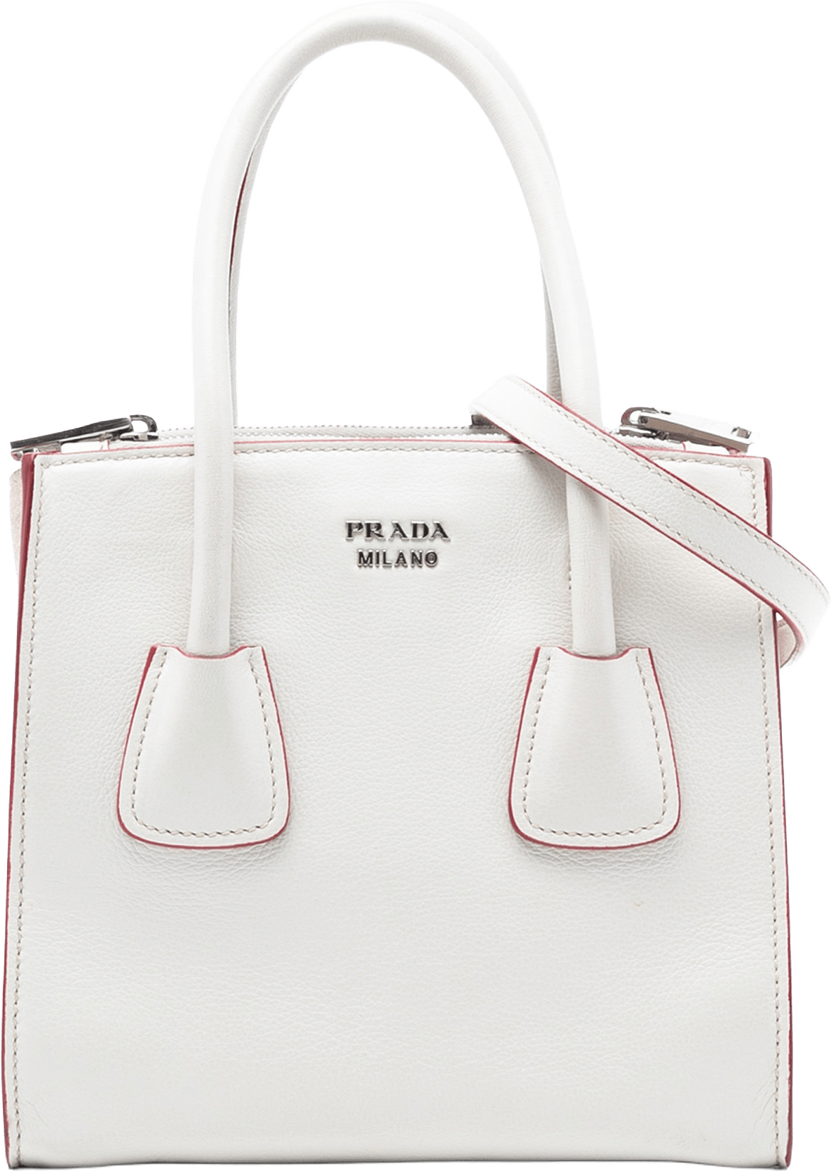 Prada Mini Scamosciato Trimmed Glace Calf Twin Pocket Satchel, från Luxclusif, i färgen ivory.