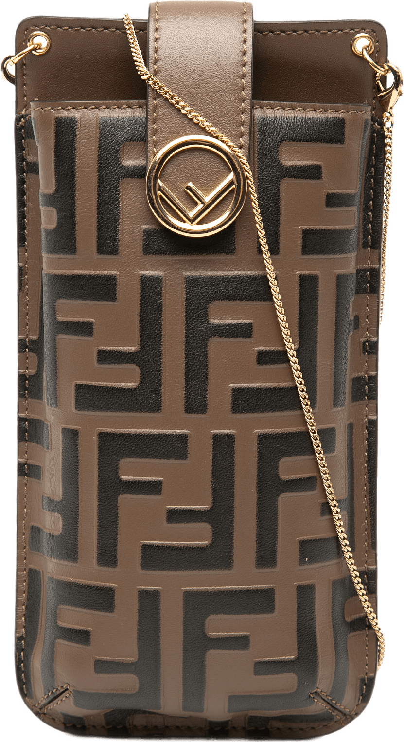 Fendi Ff 1974 Embossed Leather Phone Pouch On Chain, från Luxclusif, i färgen brown.