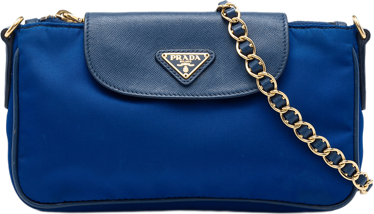 Prada Saffiano Trimmed Tessuto Chain Crossbody, från Luxclusif, i färgen blå.