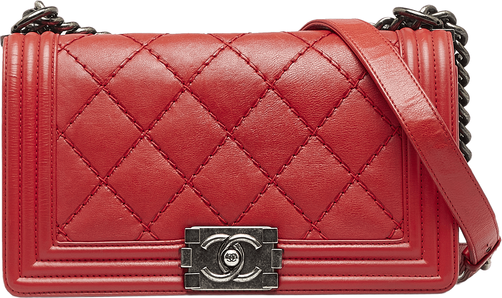Chanel Small Calfskin Double Stitch Boy Flap, från Luxclusif, i färgen red.