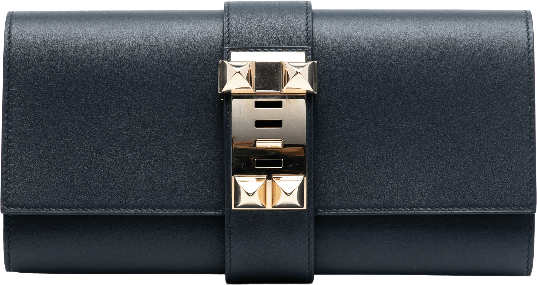 Hermès Tadelakt Medor Clutch 23, från Luxclusif, i färgen navy.