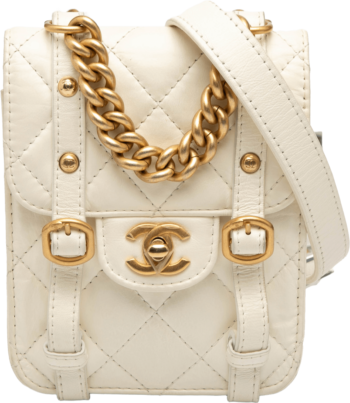 Chanel Mini Aged Calfskin City School Flap, från Luxclusif, i färgen ivory.
