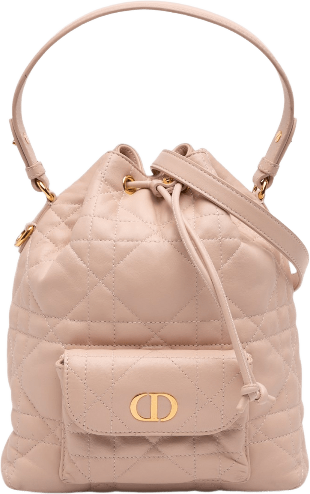 Dior Small Lambskin Macrocannage Caro Bucket Bag, från Luxclusif, i färgen nude.