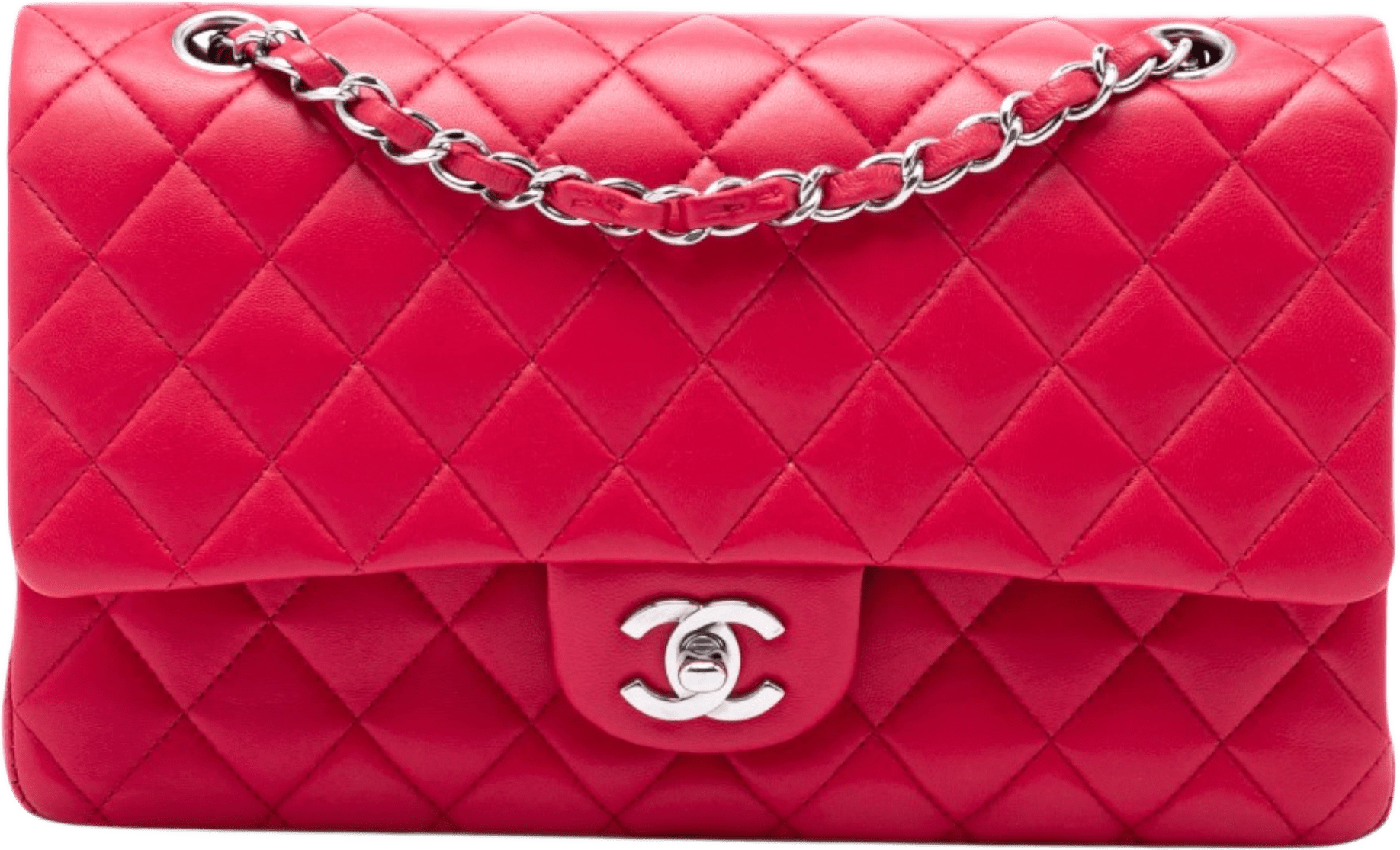Chanel Medium Classic Iridescent Lambskin Double Flap, från Luxclusif, i färgen rosa.