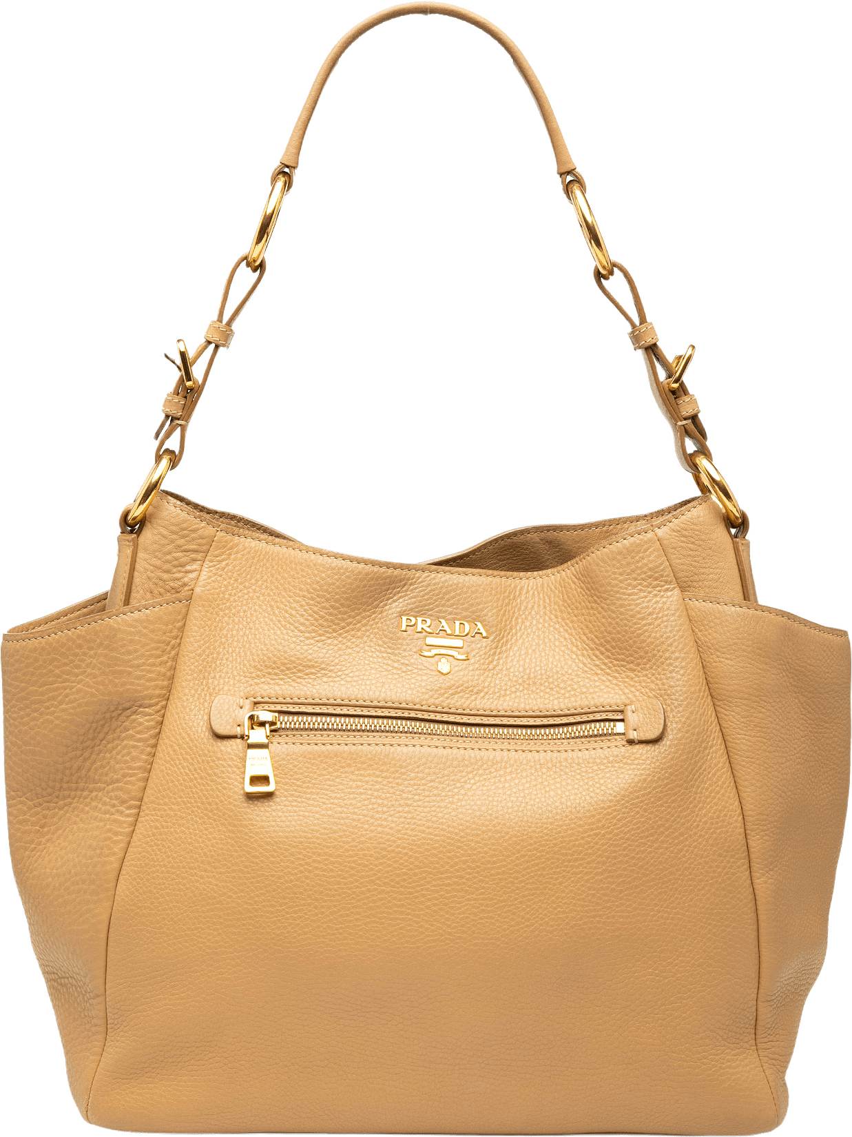 Prada Vitello Daino Front Zip Hobo, från Luxclusif, i färgen beige.