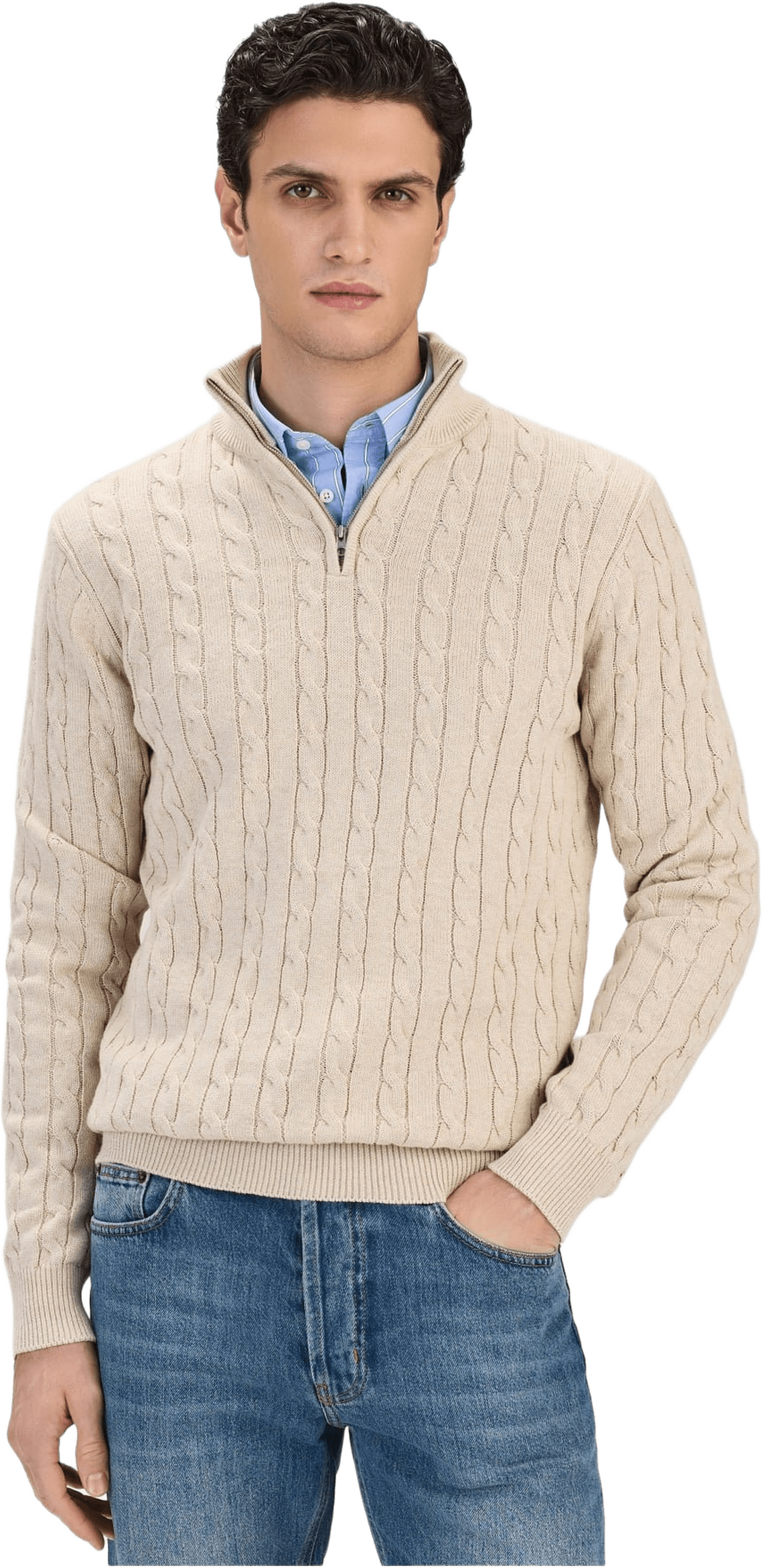 Cotton Cable Knitted Half Zipper Sweater (vidar), från John Henric, i färgen ljusbeige.