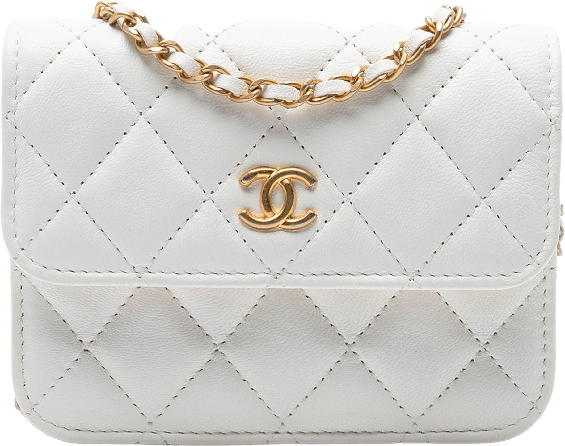 Chanel Mini Cc Quilted Lambskin Pearl Crush Pouch With Chain, från Luxclusif, i färgen white.