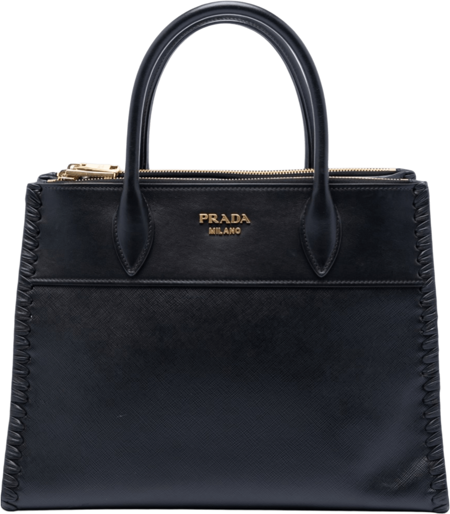 Prada City Calf Trimmed Saffiano Paradigme Whipstitch Satchel, från Luxclusif, i färgen black.