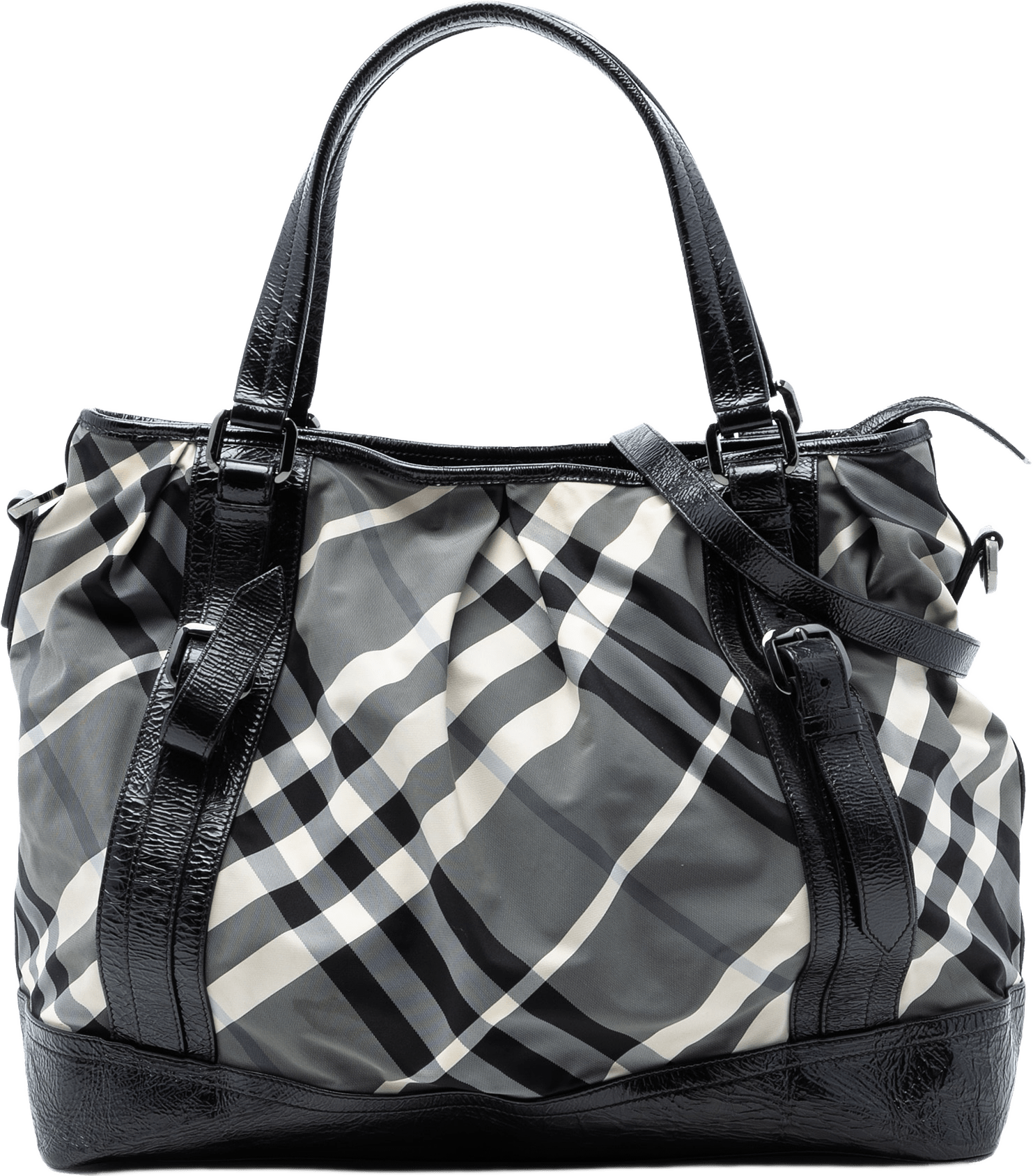 Burberry Large Beat Check Nylon Lowry Satchel, från Luxclusif, i färgen gray.