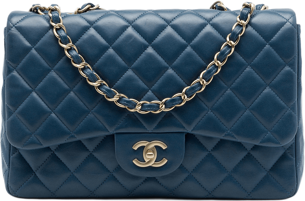 Chanel Jumbo Classic Lambskin Single Flap, från Luxclusif, i färgen blå.