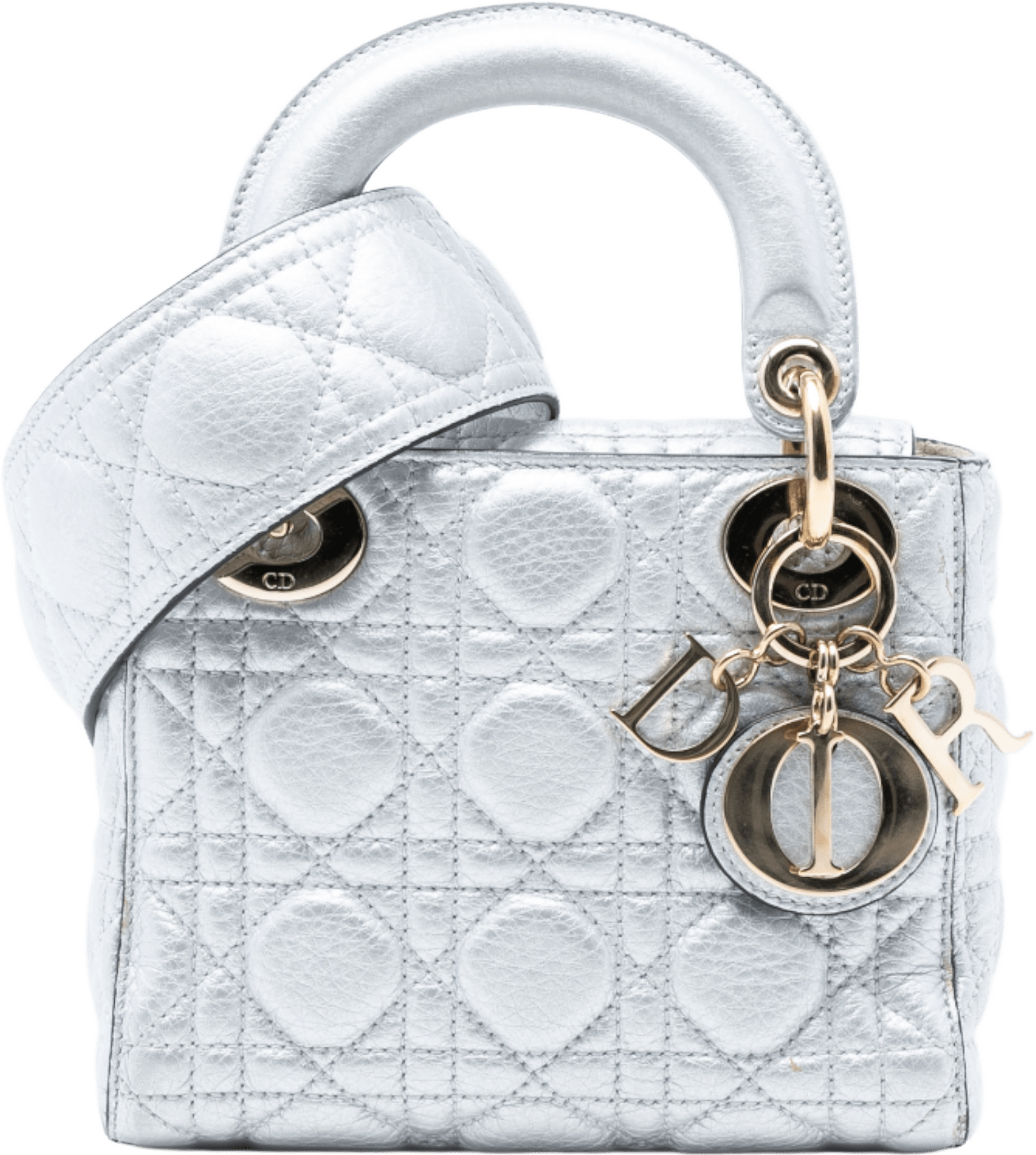 Dior Mini Metallic Lambskin Cannage Lady Dior, från Luxclusif, i färgen silver.
