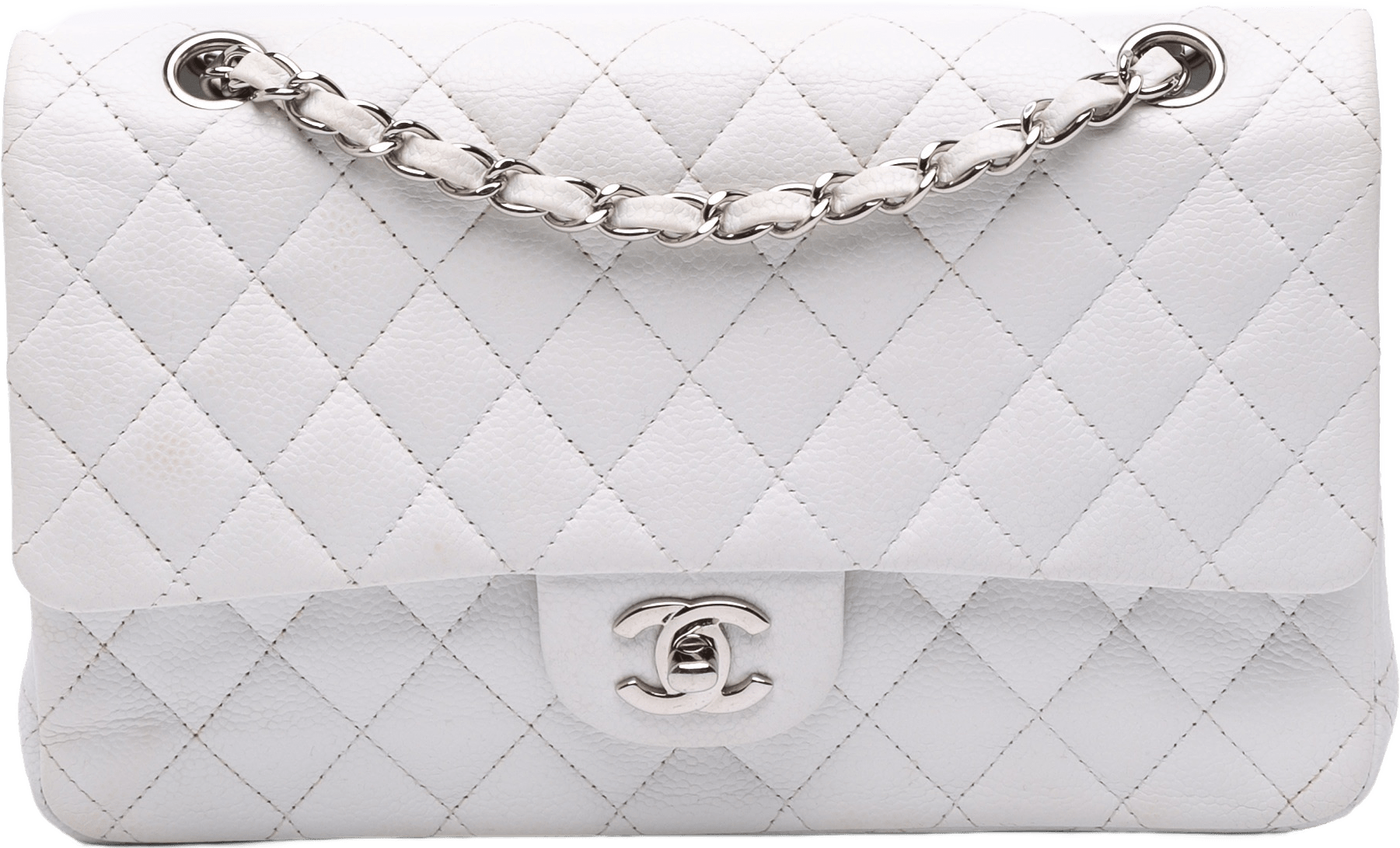 Chanel Medium Classic Caviar Double Flap, från Luxclusif, i färgen white.