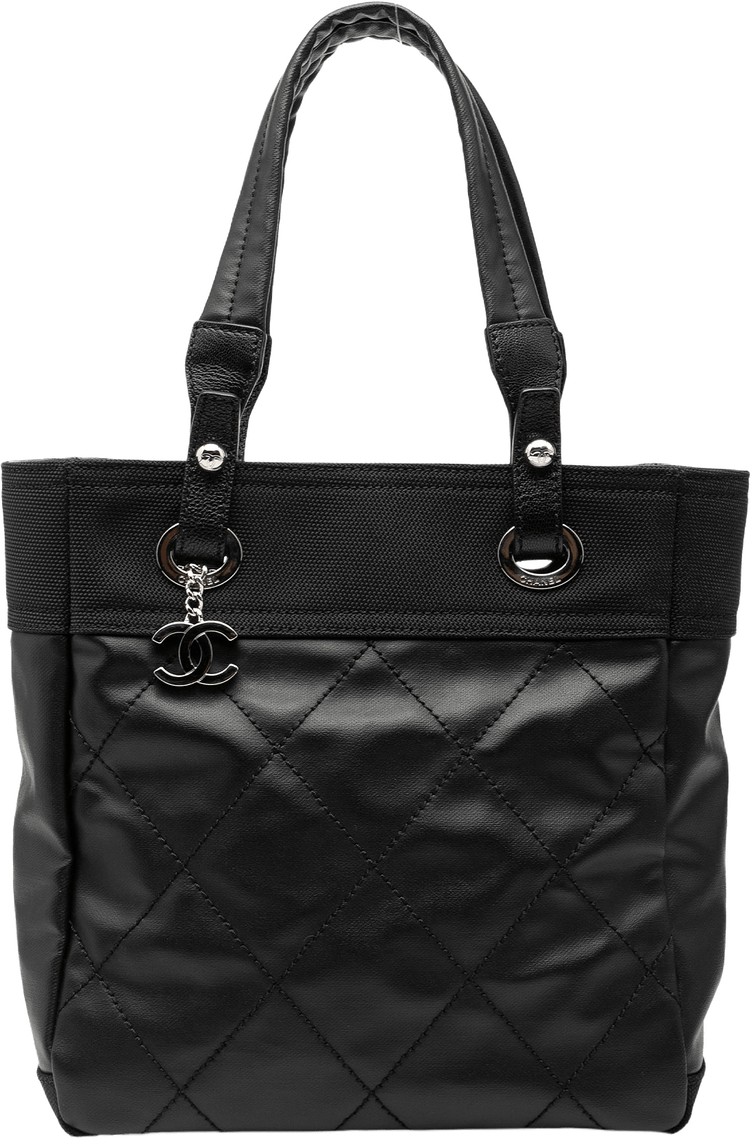 Chanel Small Quilted Coated Canvas Paris Biarritz Tote, från Luxclusif, i färgen black.