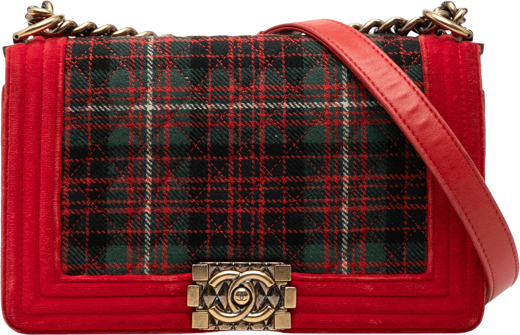 Chanel Old Medium Quilted Tweed And Velvet Boy Flap, från Luxclusif, i färgen red.