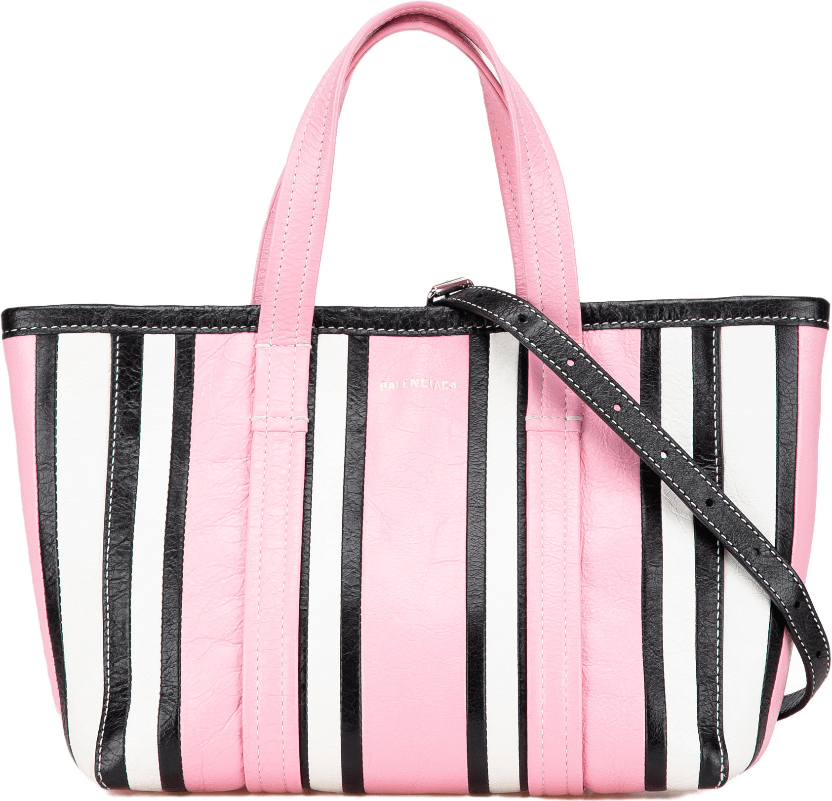 Balenciaga Small Lambskin Barbes East West Striped Shopper Tote, från Luxclusif, i färgen pink.