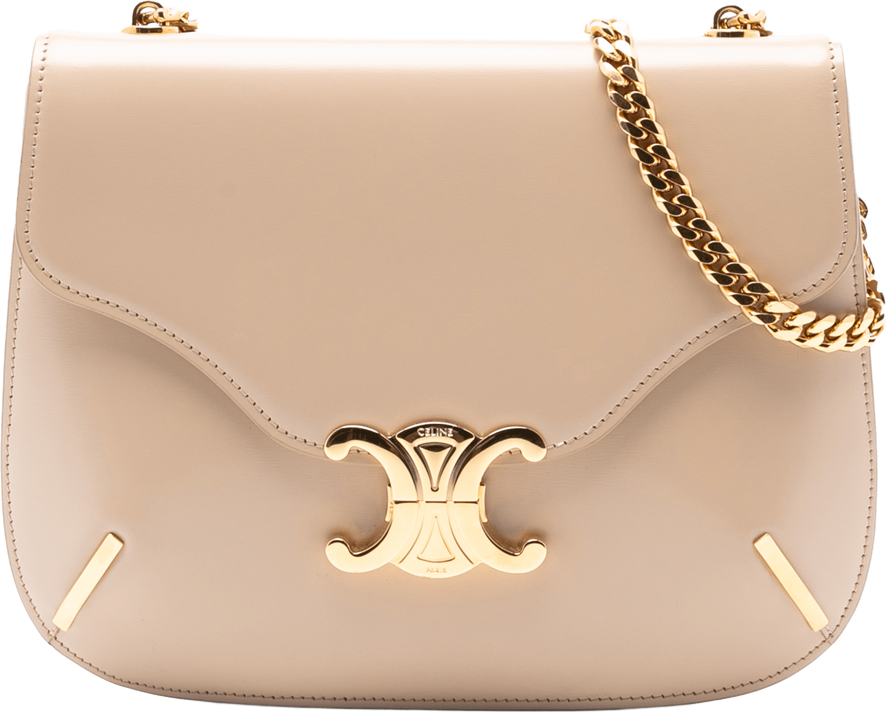 Celine Teen Shiny Calfskin Triomphe Besace Clea Chain Crossbody, från Luxclusif, i färgen beige.