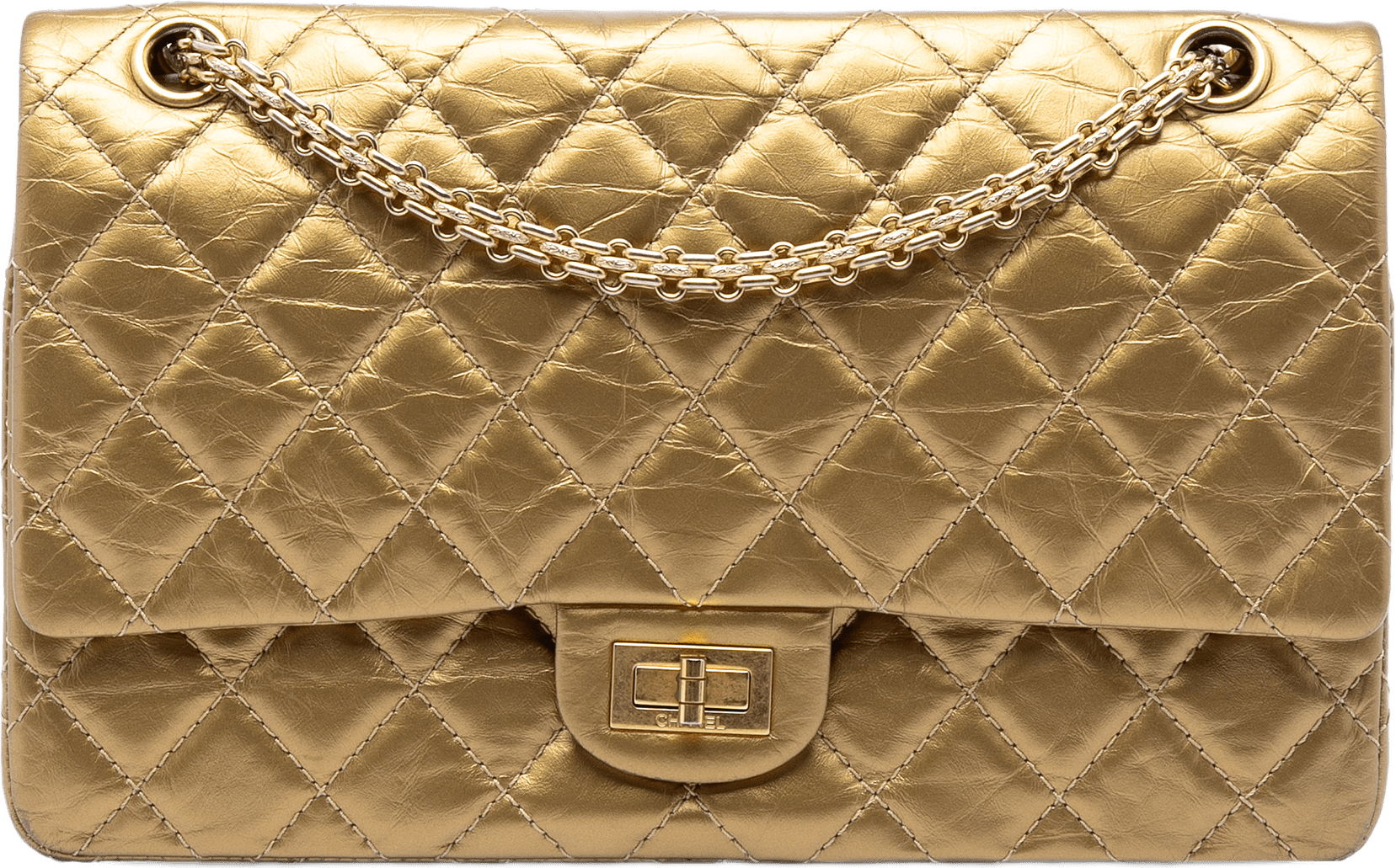 Chanel Quilted Metallic Aged Calfskin Reissue 2.55 Double Flap 226, från Luxclusif, i färgen gold.