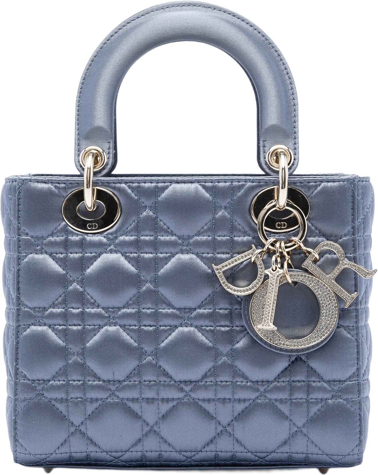 Dior Small Satin Cannage Swarovski Lady Dior, från Luxclusif, i färgen blå.