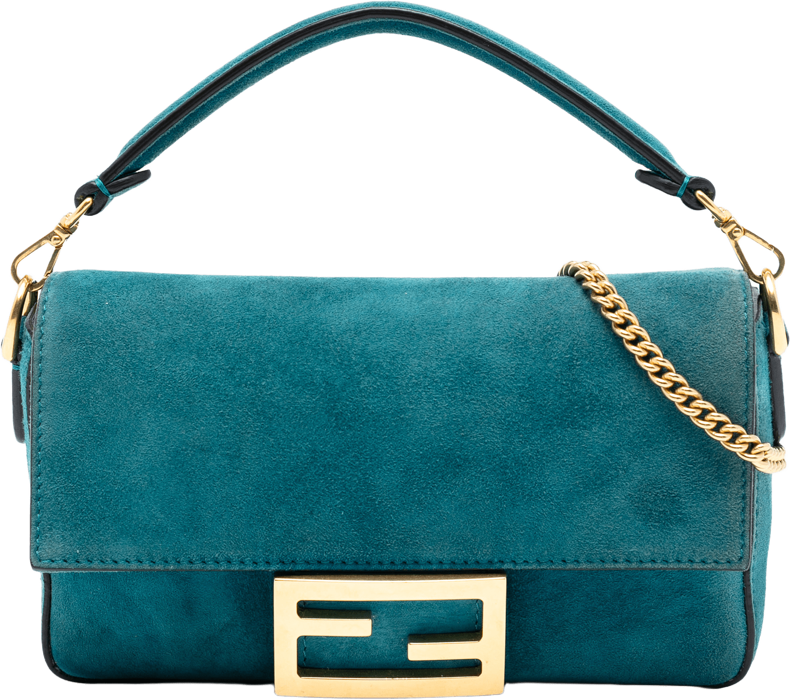 Fendi Mini Suede Baguette Satchel, från Luxclusif, i färgen peacock.