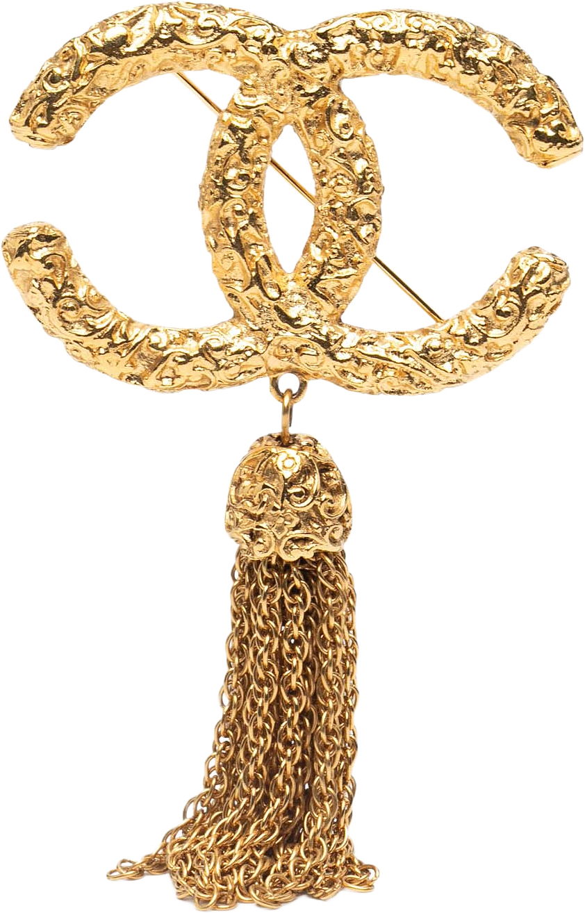 Chanel Gold Plated Cc Logo Tassel Lava Fringe Brooch, från Luxclusif, i färgen gold.