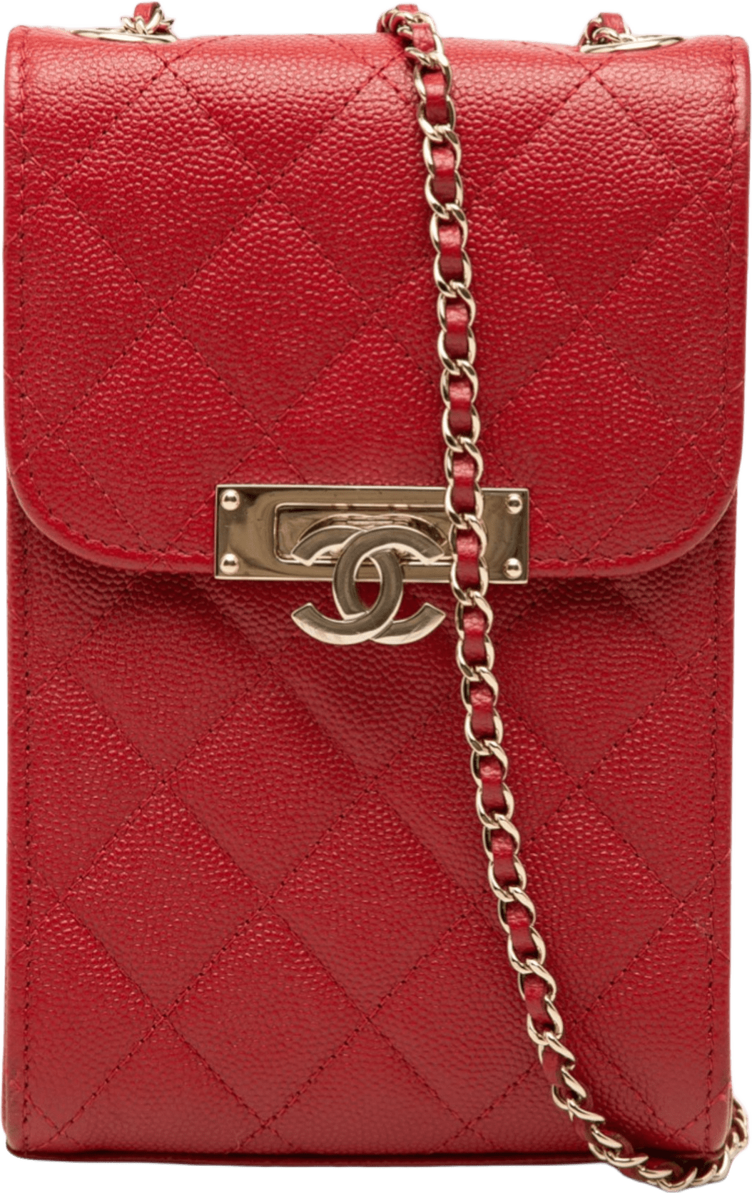 Chanel Quilted Caviar Golden Class Phone Holder, från Luxclusif, i färgen red.