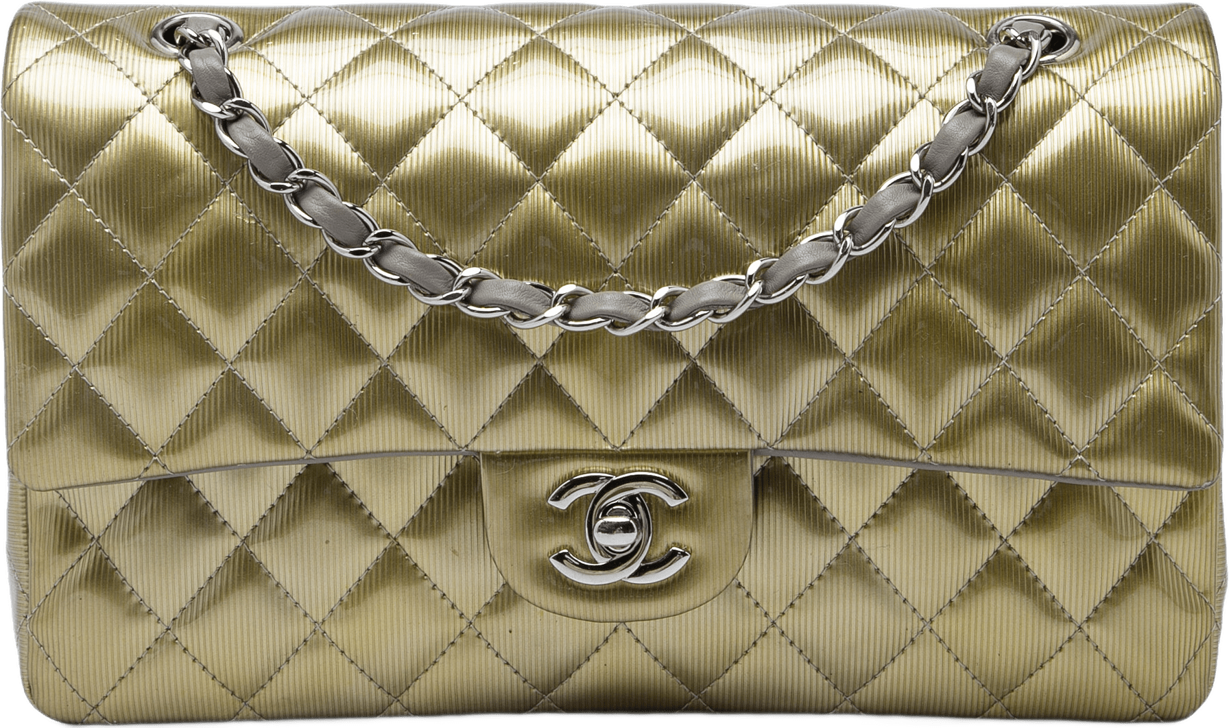 Chanel Medium Classic Striated Patent Double Flap, från Luxclusif, i färgen guld.