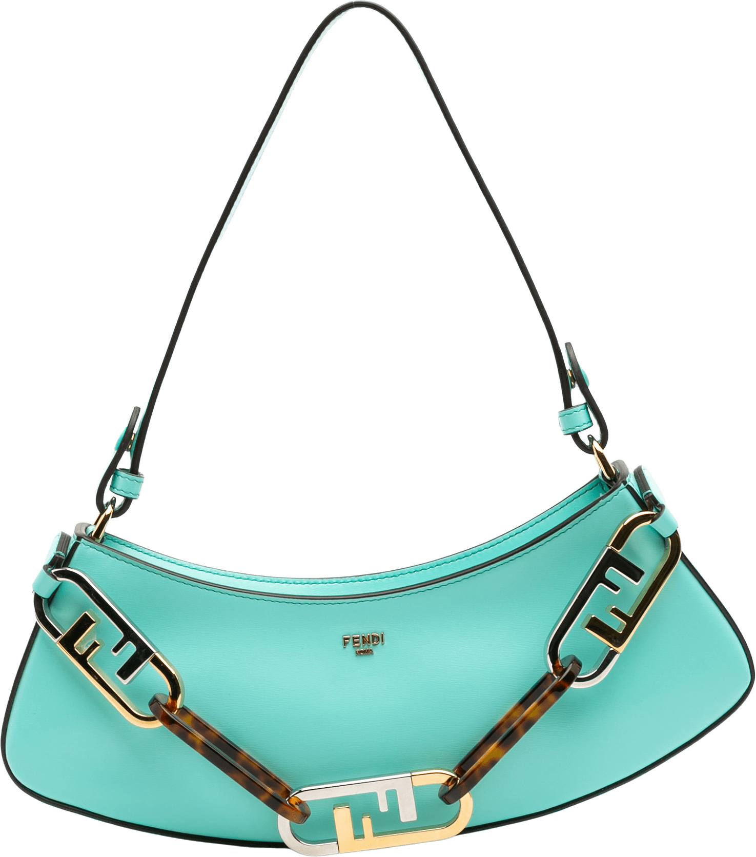 Fendi Leather Olock Swing Satchel, från Luxclusif, i färgen turquoise.