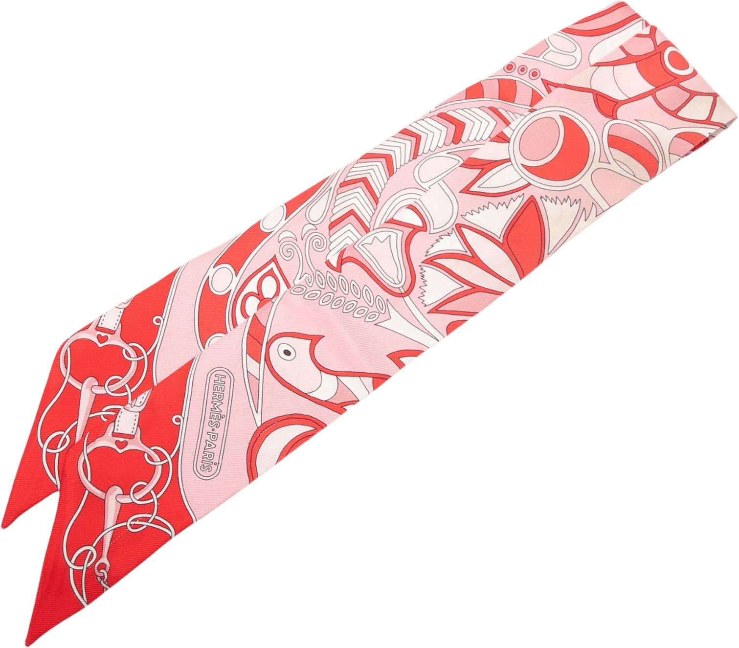Hermès Folklore Silk Twilly Scarf, från Luxclusif, i färgen red.