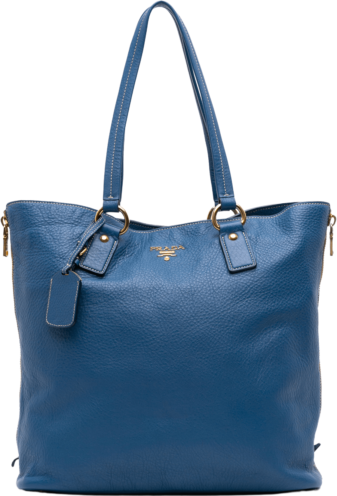 Prada Vitello Daino Side Zip Shopper Tote, från Luxclusif, i färgen blue.