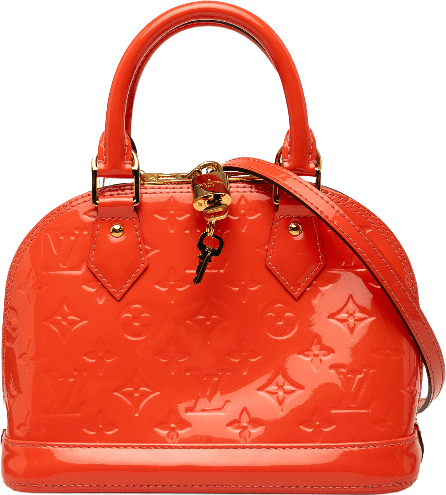 Louis Vuitton Monogram Vernis Alma Bb, från Luxclusif, i färgen orange.