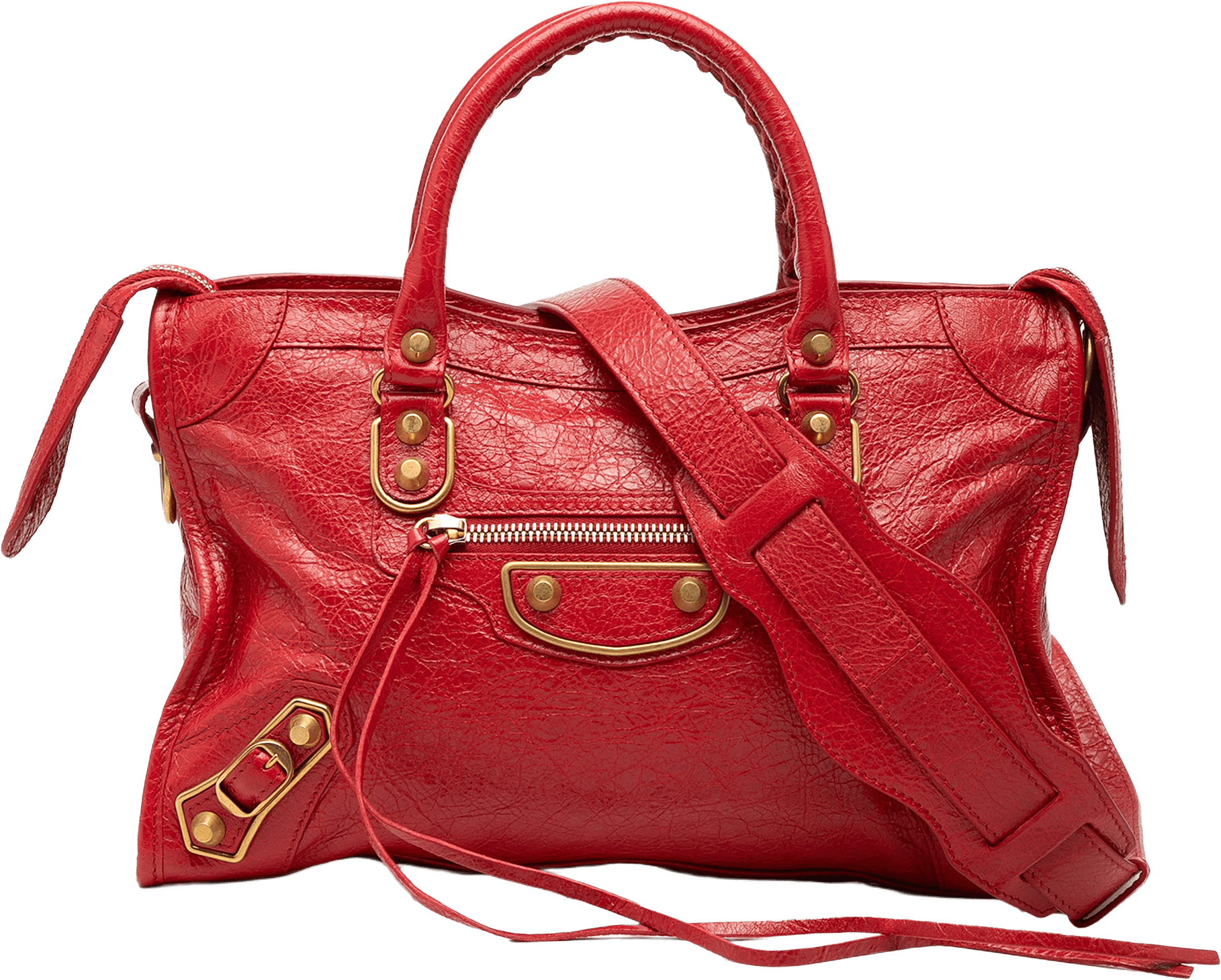 Balenciaga Small Lambskin Motocross Classic Metallic Edge City Satchel, från Luxclusif, i färgen red.