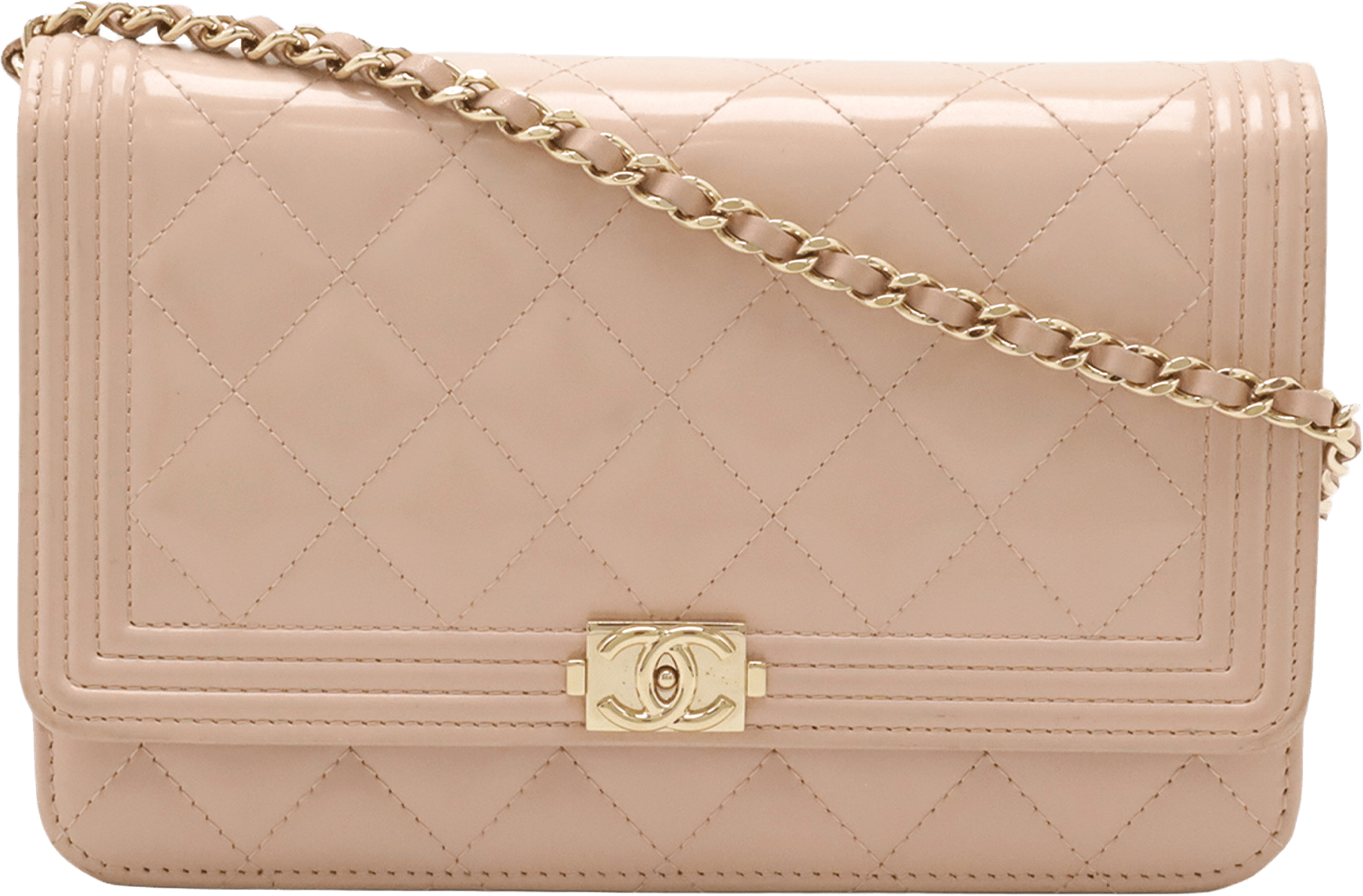 Chanel Quilted Patent Boy Wallet On Chain, från Luxclusif, i färgen rosa.
