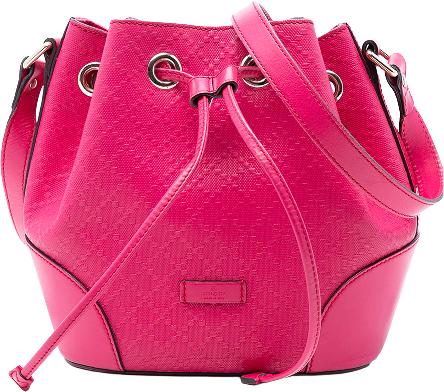Gucci Diamante Leather Bright Bucket Bag, från Luxclusif, i färgen hot pink.